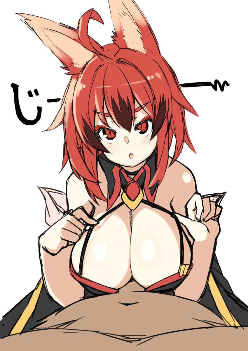 1boy absurdres ahoge animal_ears bare_shoulders blush breasts character_request female fox_ears gene_(gear_gene) highres large_breasts looking_at_viewer navel open_mouth paizuri penis red_eyes red_hair short_hair simple_background strap_pull white_background wide_sleeves