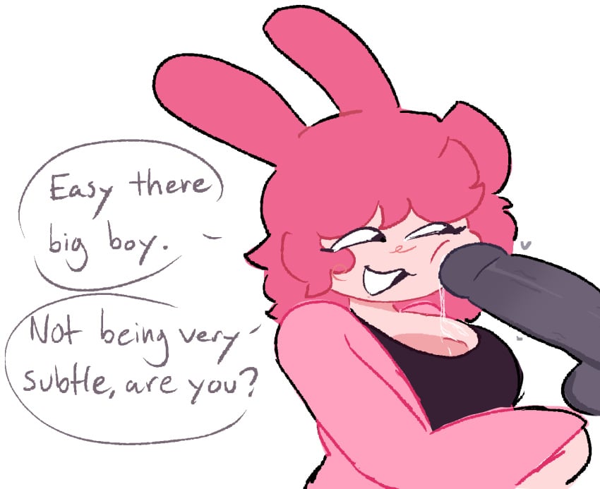 1boy 1girls big_boy_(phrase) big_penis bunny_ears bunny_girl carpoongle cheeky chubby chubby_female dialogue lagomorph lagomorph_humanoid looking_at_penis original_character penis penis_on_cheek penis_on_face penis_rubbing_against_cheek precum precum_drip sarcasm self_upload text