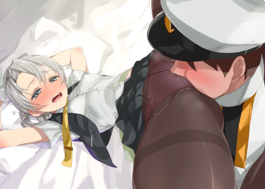 1boy admiral_(kantai_collection) bangs black_legwear blush cunnilingus cunnilingus_through_clothes female gloves hat kantai_collection kusaka_souji long_hair looking_at_another lying male military military_hat military_uniform naval_uniform necktie nowaki_(kantai_collection) on_back open_mouth oral panties panties_under_pantyhose pantyhose peaked_cap pink_panties pleated_skirt ponytail school_uniform shirt short_sleeves silver_eyes silver_hair skirt smelling solo_focus straight thighband_pantyhose tied_hair underwear uniform vest white_gloves white_shirt yellow_necktie