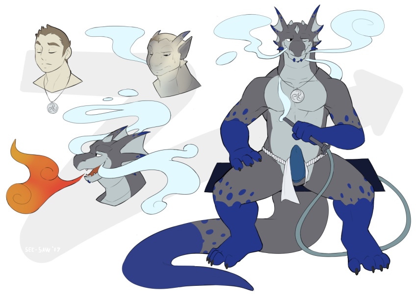 anthro clothing dragon erection hookah human loincloth male male_only mammal muscular see-saw sitting smile solo transformation