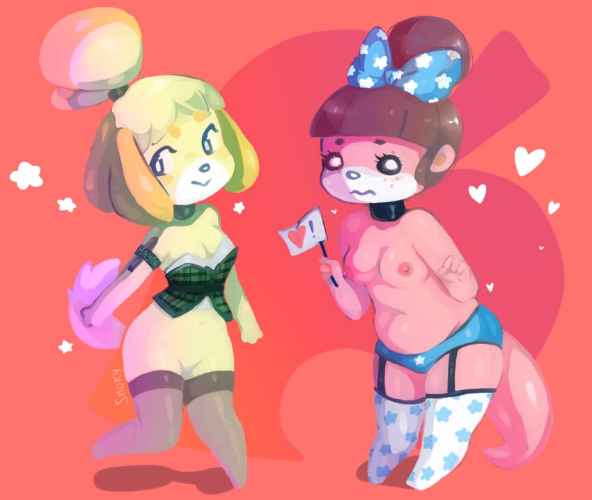 2girls animal_crossing anthro ashamed blonde_fur blonde_hair breasts canine chubby female furry isabelle_(animal_crossing) lingerie lottie_(animal_crossing) nintendo nipples panties partially_clothed pink_fur pussy ribbon stockings theknightsmoke underwear yellow_fur