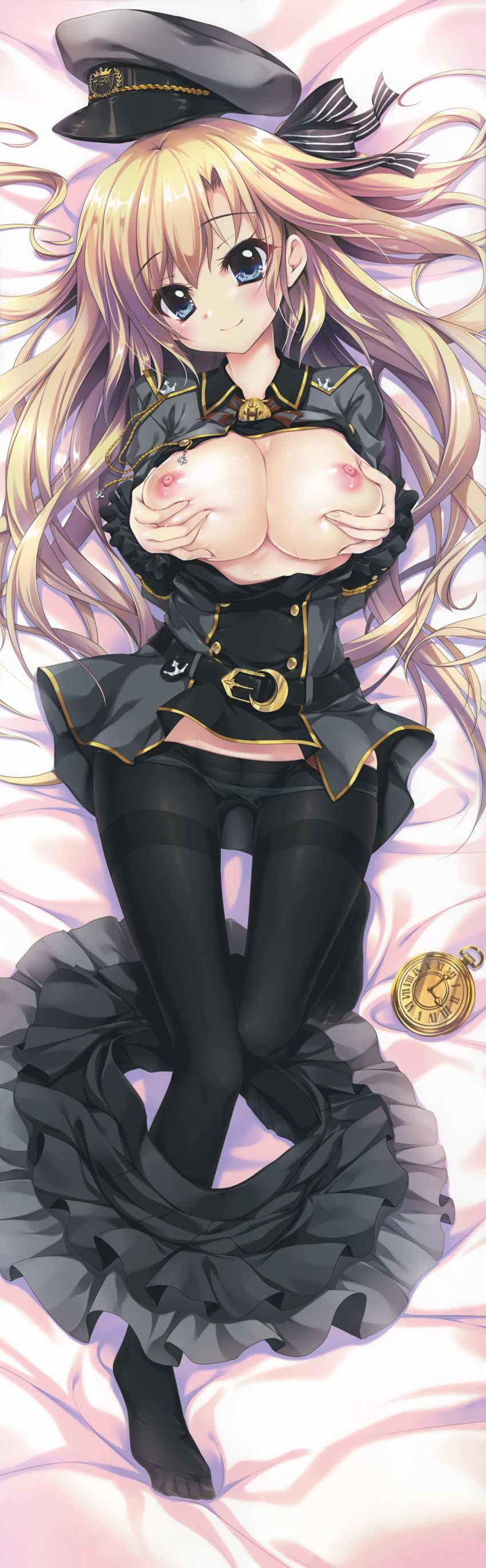 absurdres aiguillette anchor_symbol areolae bangs bed_sheet belt belt_buckle black_legwear black_ribbon black_skirt blonde_hair blue_eyes blush breast_hold breasts breasts_out buckle cleavage closed_mouth crescent dakimakura eyebrows_visible_through_hair female frilled_sleeves frills from_above full_body grey_hat grey_jacket hair_ribbon hands_up hat hat_removed headwear_removed highres huge_filesize izumi_tsubasu jacket knees_together_feet_apart large_breasts legs long_hair long_sleeves looking_at_viewer lying military military_hat military_jacket military_uniform nipples no_bra on_back open_clothes open_jacket panties panties_under_pantyhose panty_pull pantyhose peaked_cap pocket_watch ribbon self_fondle shiny shiny_hair shiny_skin skirt skirt_around_one_leg smile solo striped striped_ribbon tall_image underwear uniform watch