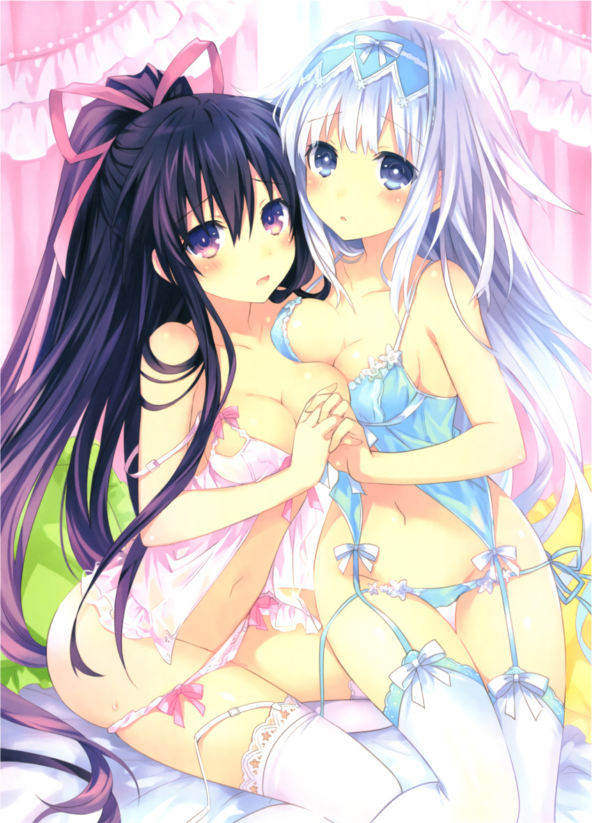 2girls :o absurdres arusu_maria babydoll backlighting bangs bare_arms bare_shoulders black_hair blue_eyes blue_hair blue_hairband blue_panties blue_sky blush bow breast_press breasts chestnut_mouth cleavage collarbone curtains cushion date_a_live date_a_live:_arusu_install day eyebrows_visible_through_hair garter_straps gradient_hair groin hair_between_eyes hair_flaps hair_ribbon hairband hand_holding high_ponytail highres interlocked_fingers lace lace-trimmed_thighhighs long_hair looking_at_viewer medium_breasts multicolored_hair multiple_girls navel official_art open_mouth panties panty_pull pink_bow pink_eyes pink_ribbon ponytail purple_eyes ribbon scan shiny shiny_clothes shiny_hair shiny_skin side-tie_panties sidelocks sitting sitting_on_person sky strap_slip sweat thighhighs tied_hair tsunako underwear untied untied_panties very_long_hair white_hair white_legwear white_ribbon window yatogami_tohka