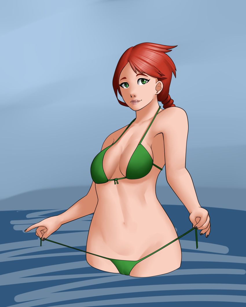 barely_clothed bikini braid breasts cleavage female green_eyes long_hair looking_at_viewer navel original_character red_hair smile solo solo_focus syntheticpotato tied_hair voltsurge_(s3rb4n) wide_hips