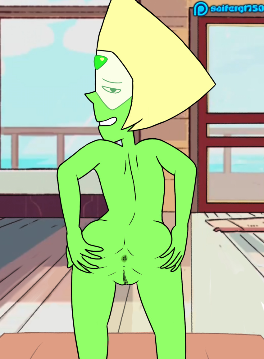 anus backside gem_(species) green_skin naked peridot_(steven_universe) pussy room saifernsfw smiling solo spreading_ass standing steven_universe yellow_hair