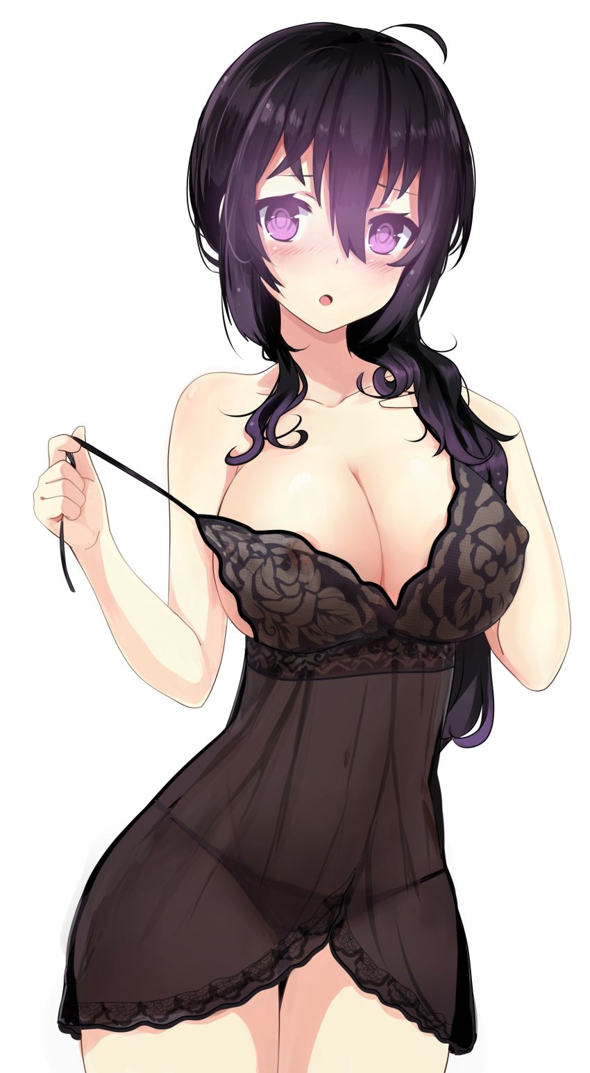 :o absurdres ahoge areola_slip areolae babydoll beifeng_han black_hair black_panties blush breasts cleavage collarbone erect_nipples female glowing glowing_eyes hair_between_eyes highres large_breasts lingerie long_hair looking_at_viewer miyaura_sanshio navel nipples original panties purple_eyes see-through simple_background solo standing strap_pull tareme thigh_gap underwear white_background