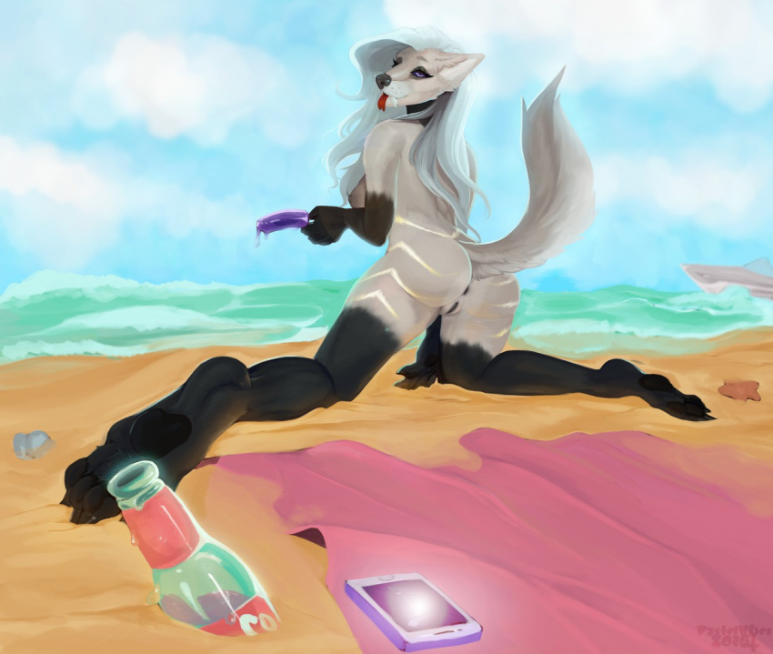 2016 anthro anus ass beach black_fur bottle breasts canid canine canis fangs female food fur furry furry_only grey_fur hair looking_back mammal multicolored_fur naked nipples nude pastelhues pawpads phone popsicle pussy seaside solo spread_legs spreading tail tongue tongue_out white_hair wolf