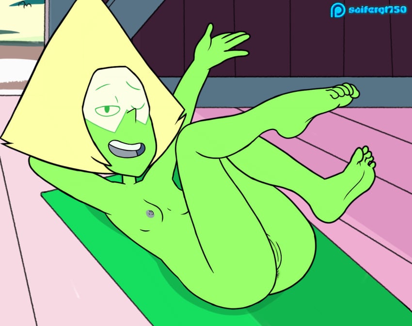 barn gem_(species) green_skin lying_down naked nipples peridot_(steven_universe) public pussy room saifernsfw smiling steven_universe yellow_hair