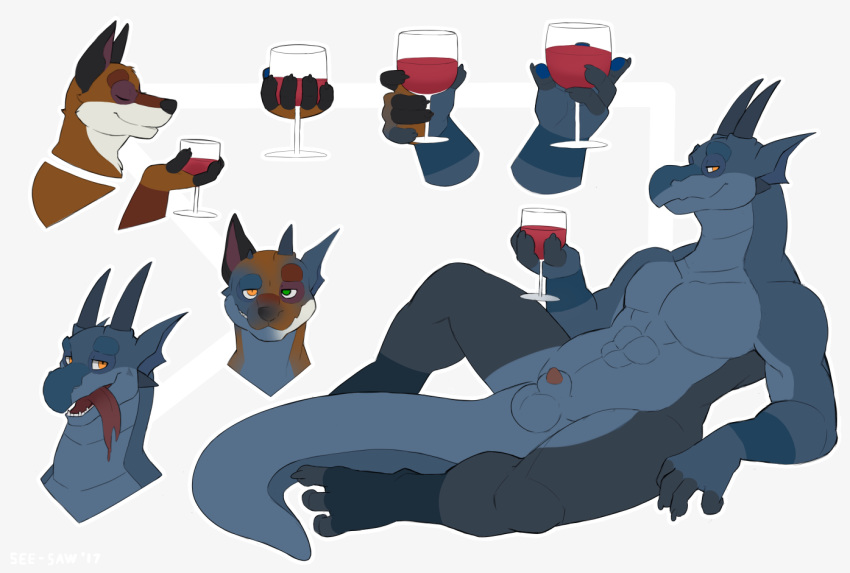 alcohol animal_genitalia anthro balls beverage canine dragon duo looking_at_viewer male male_only mammal muscular see-saw sheath smile transformation wine