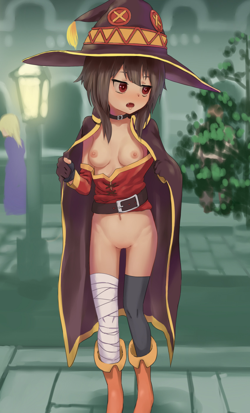 2girls bandaged_leg belt black_gloves black_hair black_legwear blush boots breasts cape choker female gloves hat kono_subarashii_sekai_ni_shukufuku_wo! long_hair long_sleeves looking_away megumin mismatched_legwear multiple_girls mumumuka navel nipples no_pussy open_mouth plant red_eyes solo_focus standing thighhighs tree witch_hat