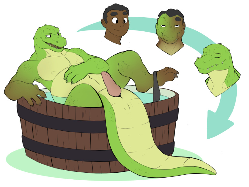 animal_genitalia animal_penis anthro bathtub clothing crocodile crocodilian erection genital_slit human male male_only mammal musclegut nude penis reptile scalie see-saw slit smile solo transformation underwear