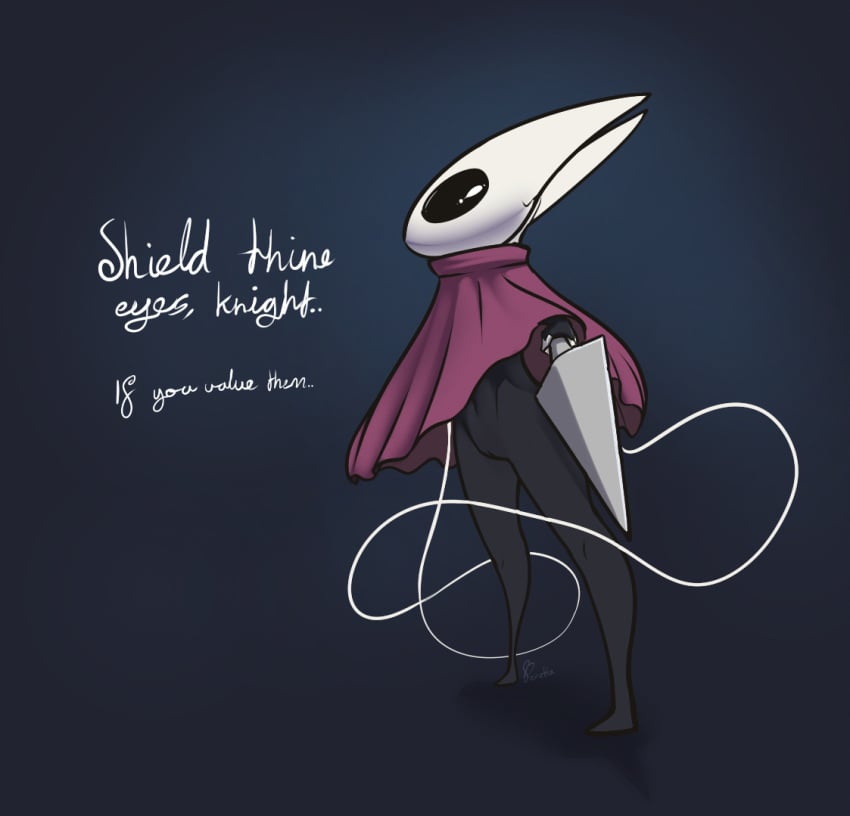 arthropod black_eyes black_skin bottomless cape cloak clothed clothing dress feretta hollow_knight hornet_(hollow_knight) insects mask melee_weapon needle pussy red_cape simple_background sword thread threatening weapon