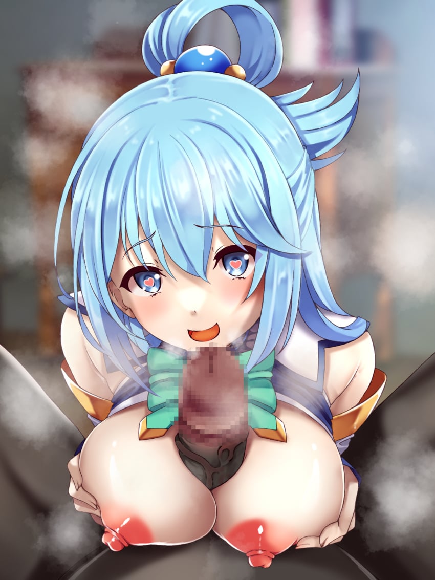 1boy 1girl :d aqua_(konosuba) assertive_female blue_eyes blue_hair blush breasts breasts_squeezed_together clothes_lift commentary_request commission dark-skinned_male dark_skin dot_nose grabbing_own_breast hair_ornament hair_rings heart heart-shaped_pupils highres indoors interracial kono_subarashii_sekai_ni_shukufuku_wo! large_breasts long_hair looking_at_viewer open_mouth paizuri paizuri_on_lap penis pixiv_commission pov puffy_nipples shiny_skin shirt_lift single_hair_ring smile sphere_hair_ornament spread_legs steaming_body symbol-shaped_pupils upper_body veins veiny_penis warabe_(waraghi)