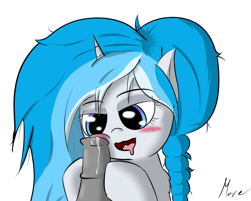 blue_eyes blush equine fan_character female fur hoi~poi horn horse mammal penis pony precum smile squeezing unicorn