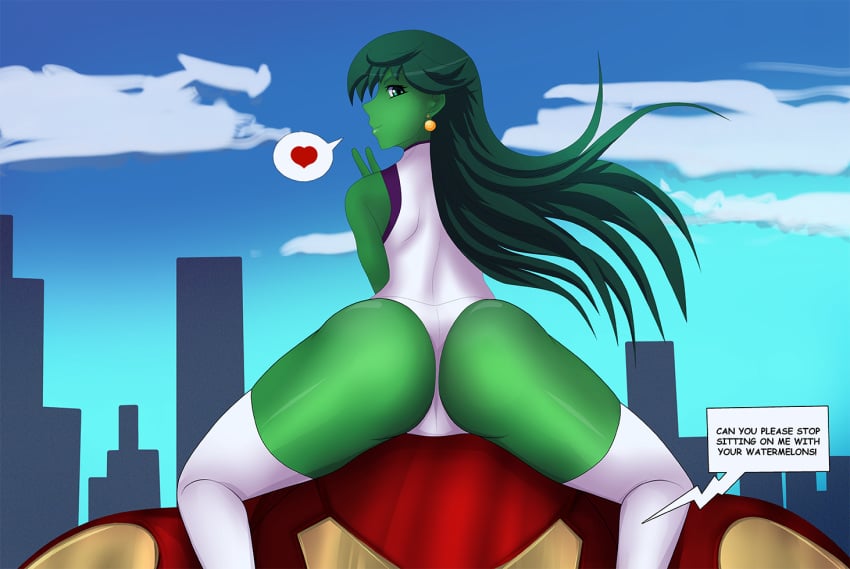 <3 1girls ass avengers back_view dialogue english english_text everaldoalmeida female female_focus gesture green_eyes green_hair green_skin highleg highleg_leotard hips hulk_(series) hulkbuster iron_man iron_man_(series) legwear leotard long_hair looking_at_viewer looking_back male marvel marvel_comics presenting rear_view she-hulk speech_bubble text thigh_boots thighhighs thighs v white_boots white_legwear white_leotard white_shoes