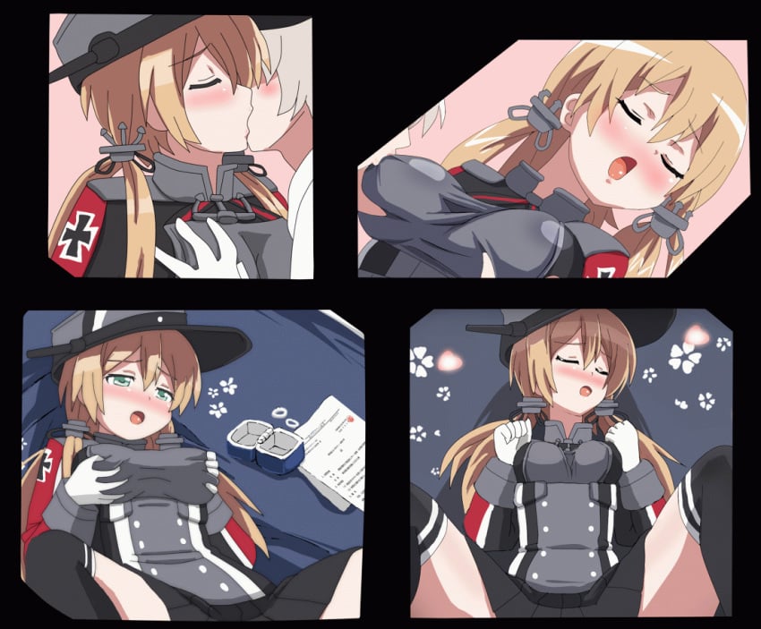 animated blonde_hair breast_grab breast_sucking groping hangaku implied_sex kantai_collection kissing prinz_eugen_(kantai_collection) self_fondle