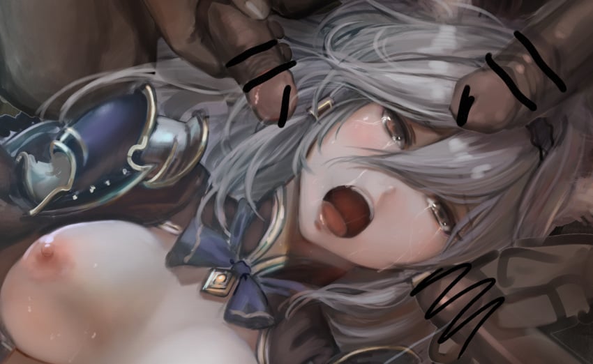 1girls 3boys alber armor bar_censor blush bow breasts brown_eyes censored crying crying_with_eyes_open dark-skinned_male female gangbang granblue_fantasy group_sex handjob heles long_hair male multiple_boys multiple_penises nipples open_mouth pale-skinned_female pale_skin penis rape saliva silver_hair solo_focus spaulders tears