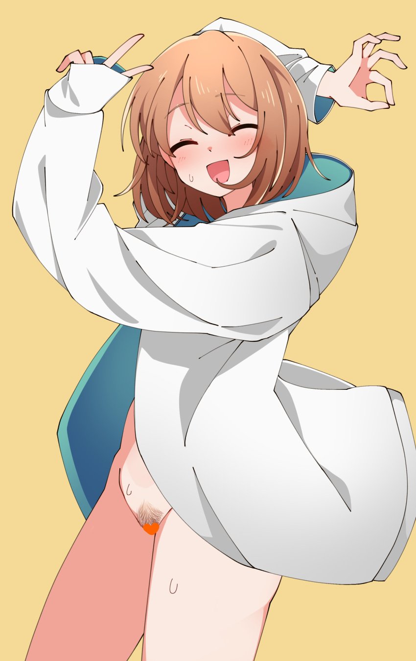 1girls absurdres blush censored closed_eyes commentary_request commission female female_only goodbye_sengen_(vocaloid) heart heart_censor highres hood hood_down hoodie long_sleeves looking_at_viewer mv_character nanase_rena_(arusechika) nazunobasho ok_sign open_clothes open_hoodie open_mouth orange_hair parody pixiv_commission pubic_hair simple_background smile solo sweat thighs v vocaloid white_hoodie yellow_background