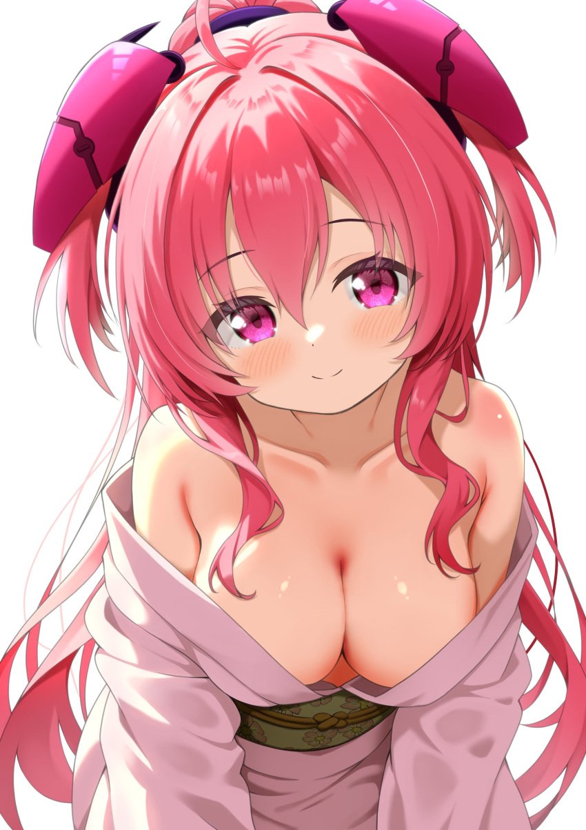 bent_over blush cleavage cute large_breasts neoteny obi off_shoulder rasis smile sound_voltex yukata