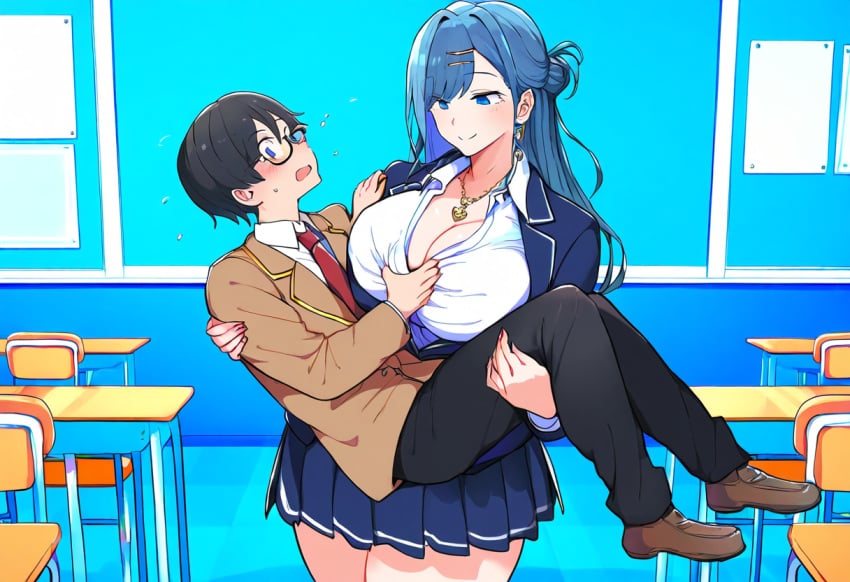 1boy ai_generated breast_grab breasts cleavage female huge_breasts large_breasts long_hair school_uniform size_difference smile