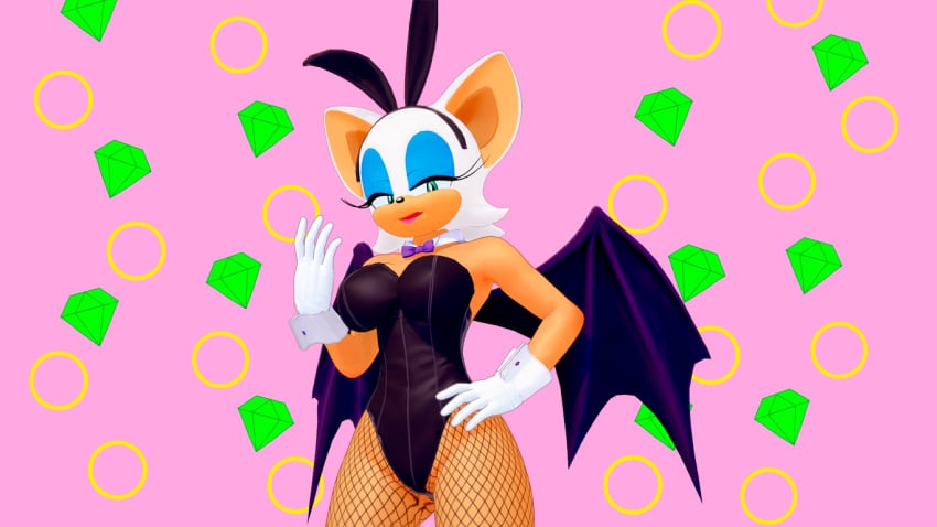 bat bat_wings big_breasts breasts bunny_ears bunnysuit bunnysuit_rouge_(trend) fishnet_legwear fishnet_pantyhose fishnet_stockings fishnets koikatsu looking_at_viewer mobian mobian_(species) mobian_bat pattern_background render_007 rouge_the_bat sonic_(series) sonic_the_hedgehog_(series) thick_thighs thighs