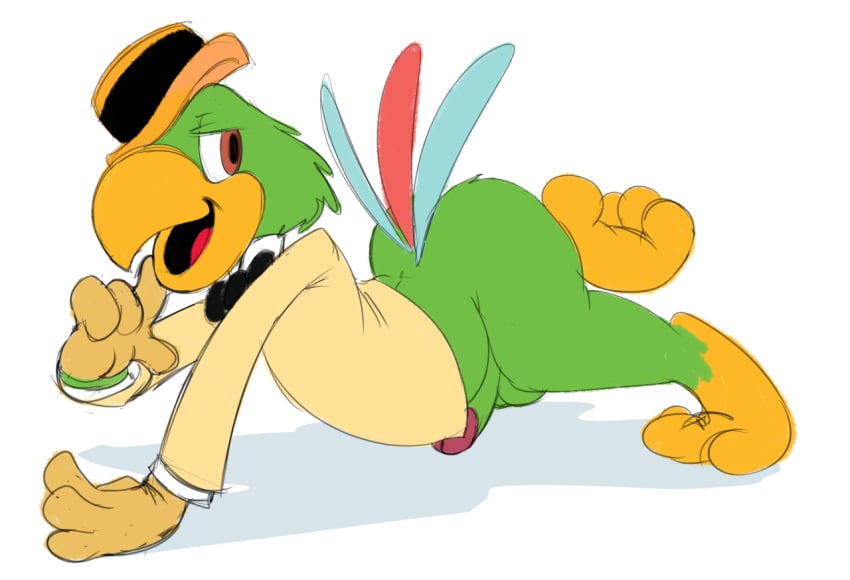 anthro avian bird bow brown_eyes clothing disney feathers green_feathers hat jerseydevil jose_carioca male male_only open_mouth parrot penis saludos_amigos simple_background solo testicles the_three_caballeros tongue white_background