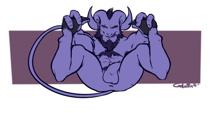 anthro anus armpits body_hair chest_hair deadgoliath flaccid fur looking_at_viewer male male_only presenting purple_fur rikimaru_the_stealth_assassin satyr simple_background solo spreading testicles tongue tongue_out