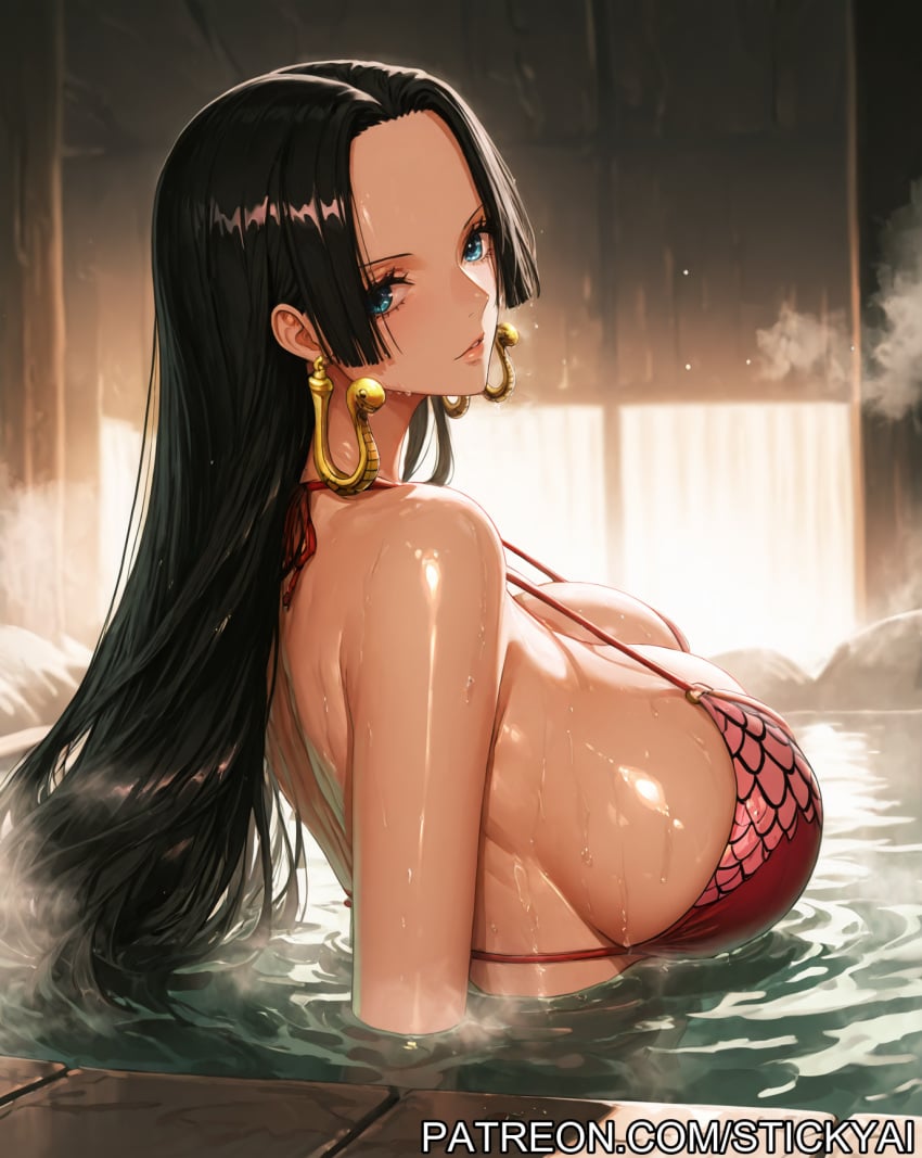 1girls ai_generated anime bikini black_hair blue_eyes boa_hancock breasts clothing fat_ass female female_only fit long_hair one_piece onsen shounen_jump solo stickyai wet