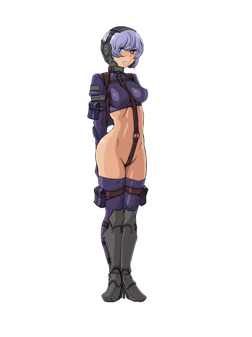 arm_pouch arm_strap arms_behind_back boots breasts crop_top doekuramori elbow_gloves eyebrows full_body gloves hair_between_eyes headgear high_heel_boots high_heels martyr_(the_citadel) match medium_breasts navel official_art open_mouth panties pouch purple_eyes purple_gloves purple_hair purple_panties standing teeth the_citadel the_martyr thigh_pouch thigh_strap transparent_background underwear