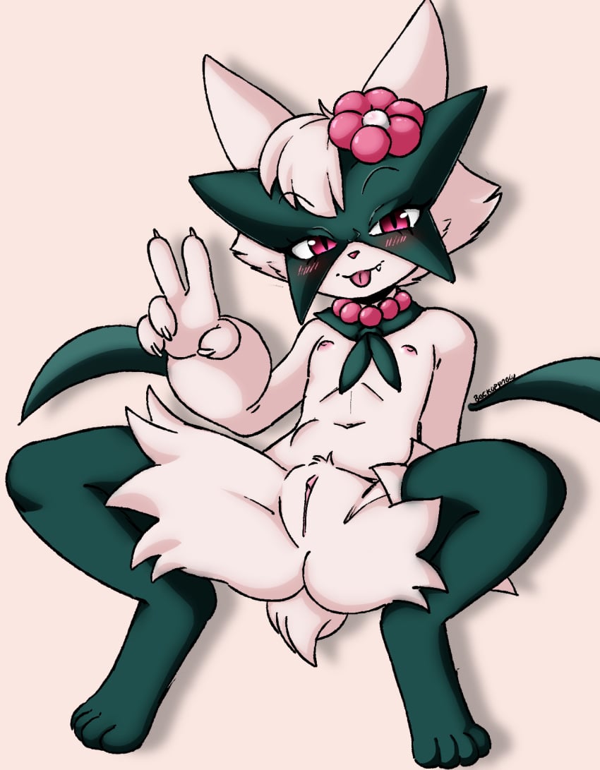 anthro anthro_only ass backup4now blush colored female flat_chested furry generation_9_pokemon genitals gesture hand_gesture hi_res jupiterorange meowscarada nintendo nipples nude pokemon pokemon_(species) pussy smile solo spread_legs spreading third-party_edit tongue v_sign