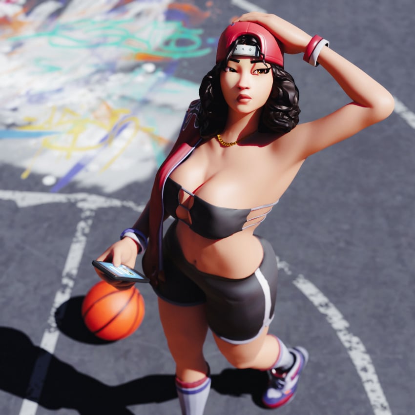 1girls 3d bandeau big_breasts black_hair bracelets breasts_squeezed_together cleavage clothed_female female female female_only fortnite fortnite:_battle_royale hand_on_head hat light-skinned_female light_skin long_hair macklesternsfw necklace outside phone solo solo_female squished_breasts tagme triple_threat