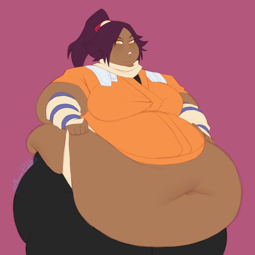 1girls 2023 absurd_res bbw belly belly_overhang bleach breasts chocco_pudding fat female female_focus huge_belly huge_breasts morbidly_obese navel obese obese_female overweight_female plump purple_hair shihouin_yoruichi solo solo_female solo_focus ssbbw thick_thighs thighs yellow_eyes