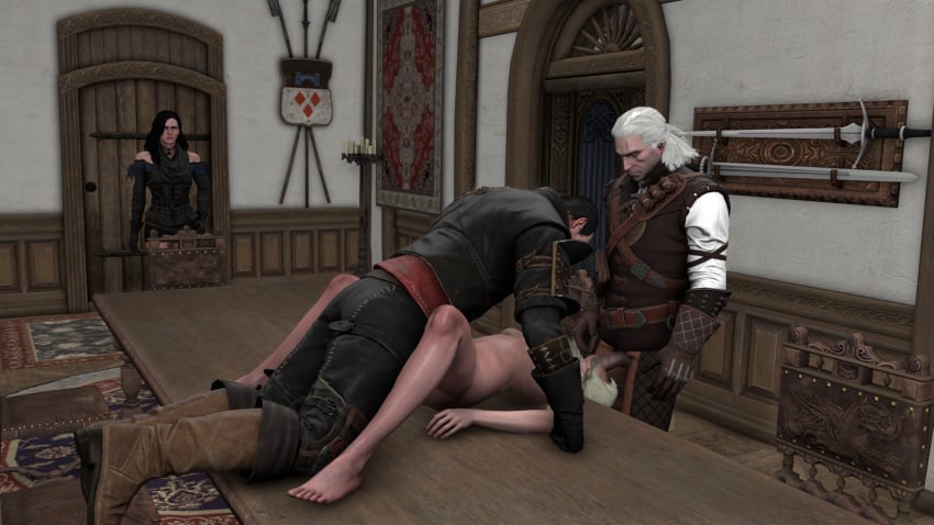 1girls 2boys 2girls 3d being_watched cd_projekt_red cheating_boyfriend clothed_male_nude_female clothed_sex female friends geralt_of_rivia head_back keira_metz lambert missionary_position nude_female on_back on_table romansfm spitroast the_witcher the_witcher_(series) the_witcher_2 the_witcher_3:_wild_hunt throat_swabbing watching yennefer