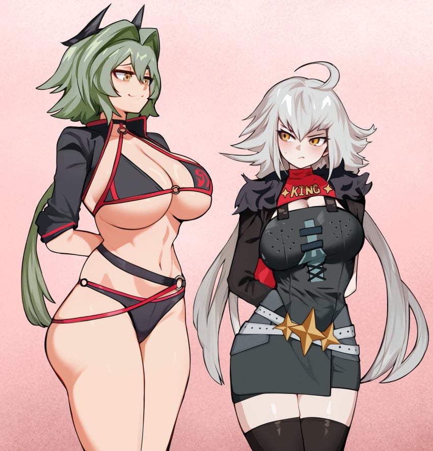 2girls angry annoyed arms_behind_back belt bikini blush breasts caesar_king caesar_king_(zenless_zone_zero) clothes_writing cosplay costume_switch crossover fate/grand_order fate_(series) green_hair hair_between_eyes hair_ornament height_difference horn_ornament horns huge_breasts jacket jealous jeanne_alter jeanne_alter_(swimsuit_berserker) jeanne_d&#039;arc_(fate) jeanne_d&#039;arc_alter_(fate) jeanne_d&#039;arc_alter_(swimsuit_berserker)_(fate) long_hair looking_at_another multiple_girls size_comparison size_difference smile smug someone19912 star_(symbol) swimsuit tall_female thick_thighs thighhighs thighs white_hair wide_hips yellow_eyes zenless_zone_zero