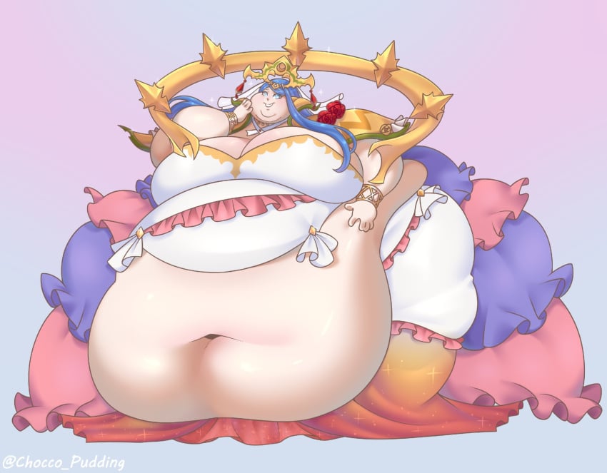 1girls 2024 absurd_res bbw belly belly_overhang blue_hair breasts chocco_pudding cleavage dress fat female female_focus fire_emblem fire_emblem_engage gigantic_belly huge_belly huge_breasts lumera_(fire_emblem) milf morbidly_obese morbidly_obese_female navel obese obese_female plump solo solo_female solo_focus ssbbw