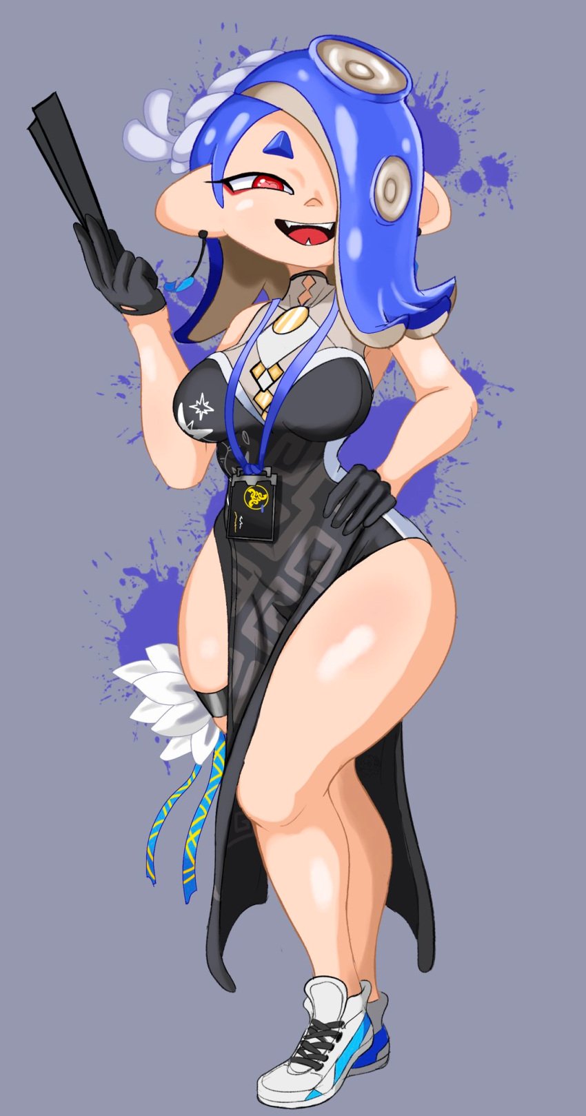 ass big_ass big_breasts blue_hair breasts child_bearing_hips hair_over_one_eye hand_on_hip hips_wider_than_shoulders octoling octoling_girl paper_fan shiver_(splatoon) slugshroom smile splatoon thick_thighs thighs thighs_bigger_than_torso thin_waist wide_hips