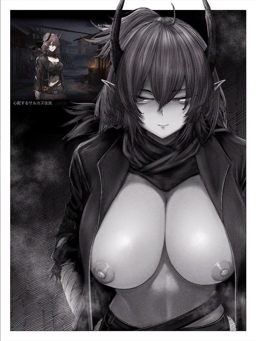 absurdres arknights bandages belt breasts breasts_out character_request female game_screenshot_inset greyscale highres horns jacket kyoeikyoei52906 large_breasts medium_hair monochrome no_bra official_art_inset open_clothes open_jacket pointy_ears scarf screenshot_inset solo spot_color