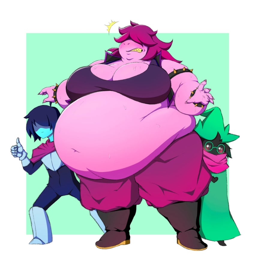 bbw breasts deltarune fat flabby_arms flabby_belly huge_belly kris_(deltarune) obese_female ralsei ssbbw susie_(deltarune) sweaty towelsne weight_gain