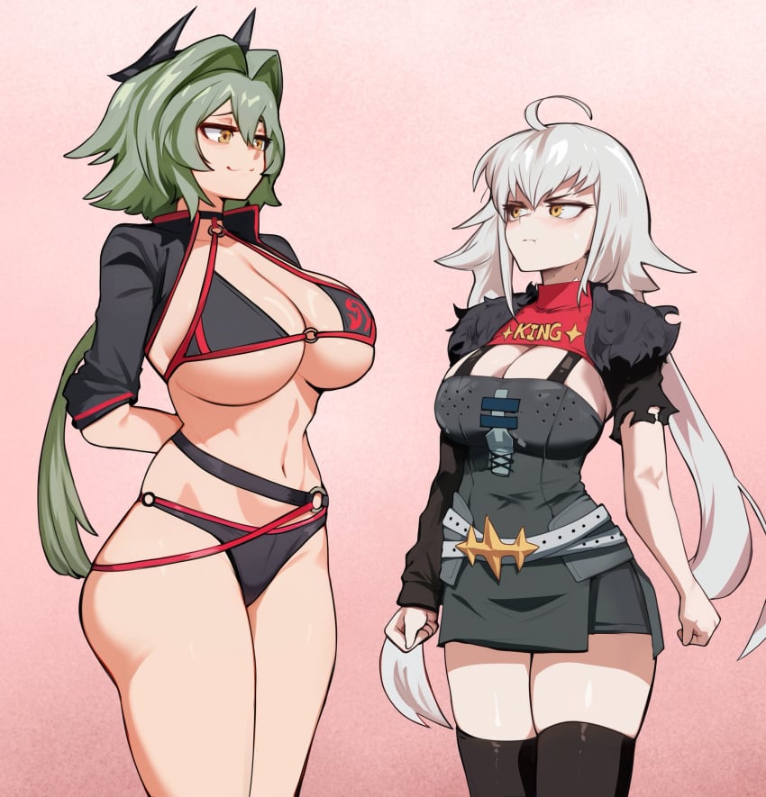 2girls angry annoyed arms_behind_back belt bikini blush breasts caesar_king caesar_king_(zenless_zone_zero) clothes_writing cosplay costume_switch crossover fate/grand_order fate_(series) green_hair hair_between_eyes hair_ornament height_difference horn_ornament horns huge_breasts jacket jealous jeanne_alter jeanne_alter_(swimsuit_berserker) jeanne_d'arc_(fate) jeanne_d'arc_alter_(fate) jeanne_d'arc_alter_(swimsuit_berserker)_(fate) long_hair looking_at_another multiple_girls size_comparison size_difference smile smug someone19912 star_(symbol) swimsuit tall_female thick_thighs thighhighs thighs white_hair wide_hips yellow_eyes zenless_zone_zero