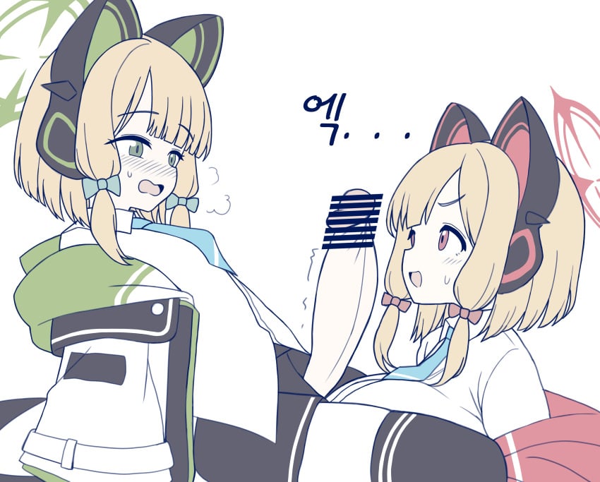 2girls absurdres alternate_breast_size animal_ear_headphones animal_ears blonde_hair blue_archive blue_necktie blush breasts cat_ear_headphones erection fake_animal_ears futa_with_female futanari green_eyes green_halo halo headphones highres huge_breasts incest looking_at_penis midori_(blue_archive) momoi_(blue_archive) multiple_girls necktie open_clothes pink_eyes pink_halo shirt short_hair siblings simple_background sisters twincest twins vector_(dmlddmld00) white_background white_shirt young