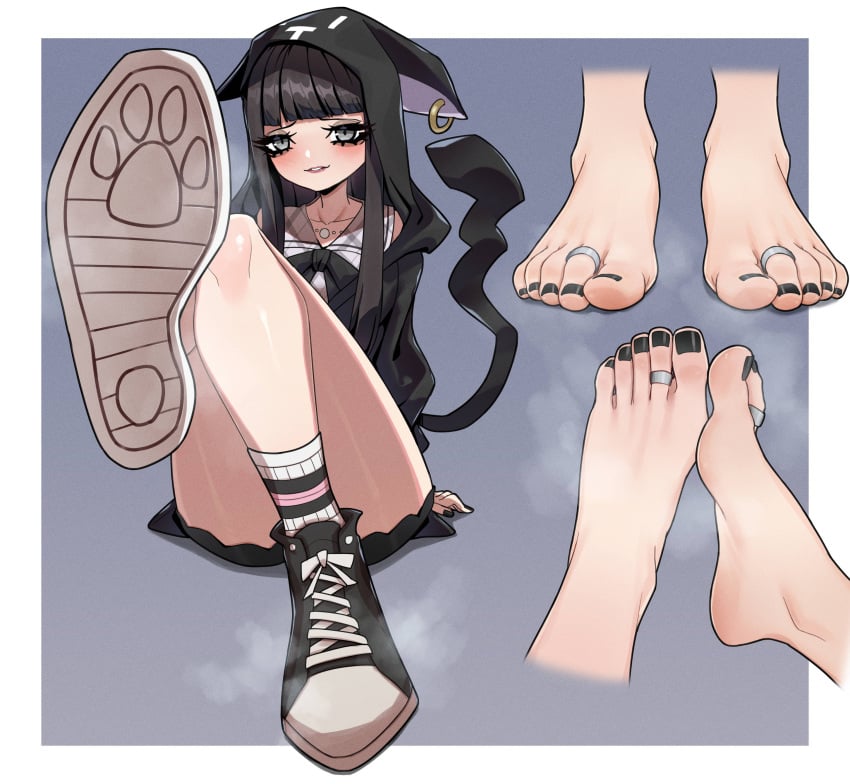 bangs bare_legs barefoot black_hair black_nails black_toenails blush blushing blushing_at_viewer converse converse_shoes ecchi-o feet feet_up female foot_fetish foot_focus goth goth_girl greek_toe hat hoodie looking_at_viewer one_leg_raised one_leg_up painted_nails painted_toenails presenting presenting_feet shoes_removed shoka_sakurane sitting socks_removed solo solo_female steam steamy sweaty sweaty_feet tail the_world_ends_with_you toe_ring toes