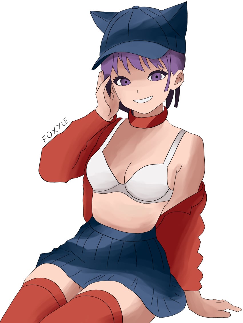 1girls blue_eyes blue_hair bra cap cappie_(miside) collar cool_mita_(miside) foxyle half_naked jacket looking_at_viewer miside mita_(miside) purple_eyes purple_hair simple_background skirt smile solo white_bra