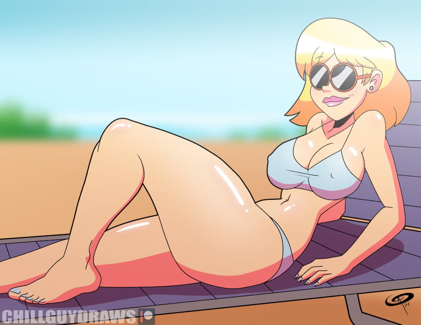 artist_signature barefoot beach bikini blonde_hair frostbiteboi lipstick lori_loud nickelodeon sunglasses the_loud_house tinted_eyewear