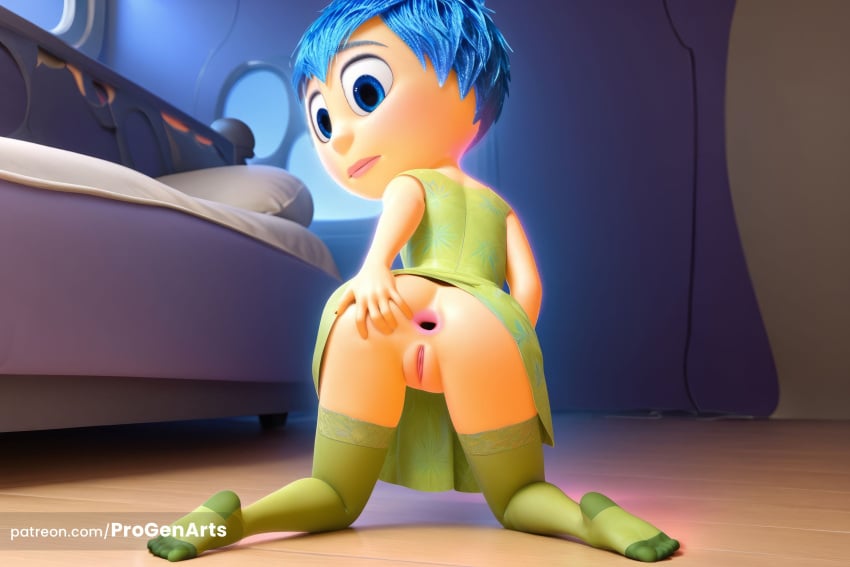 1girls ai_generated anus artist_name ass bed blue_eyes blue_hair disney dress from_behind green_thighhighs hi_res indoors inside_out inside_out_2 joy_(inside_out) kneeling loli looking_back no_panties pixar progenarts pussy short_hair solo thighhighs uncensored web_address