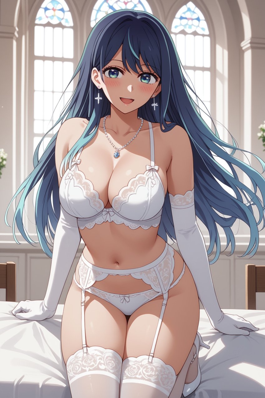 ai_generated big_breasts blue_hair cross high_heels kurokawa_akane oshi_no_ko wedding wedding_dress