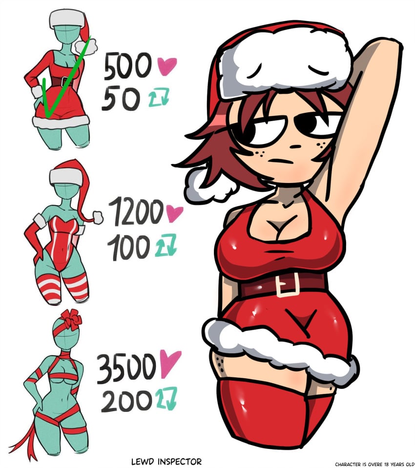 big_breasts breasts christmas christmas_2024 christmas_outfit hat kim_pine lewd_inspector scott_pilgrim scott_pilgrim_takes_off twitter_strip_game_(meme) white_background