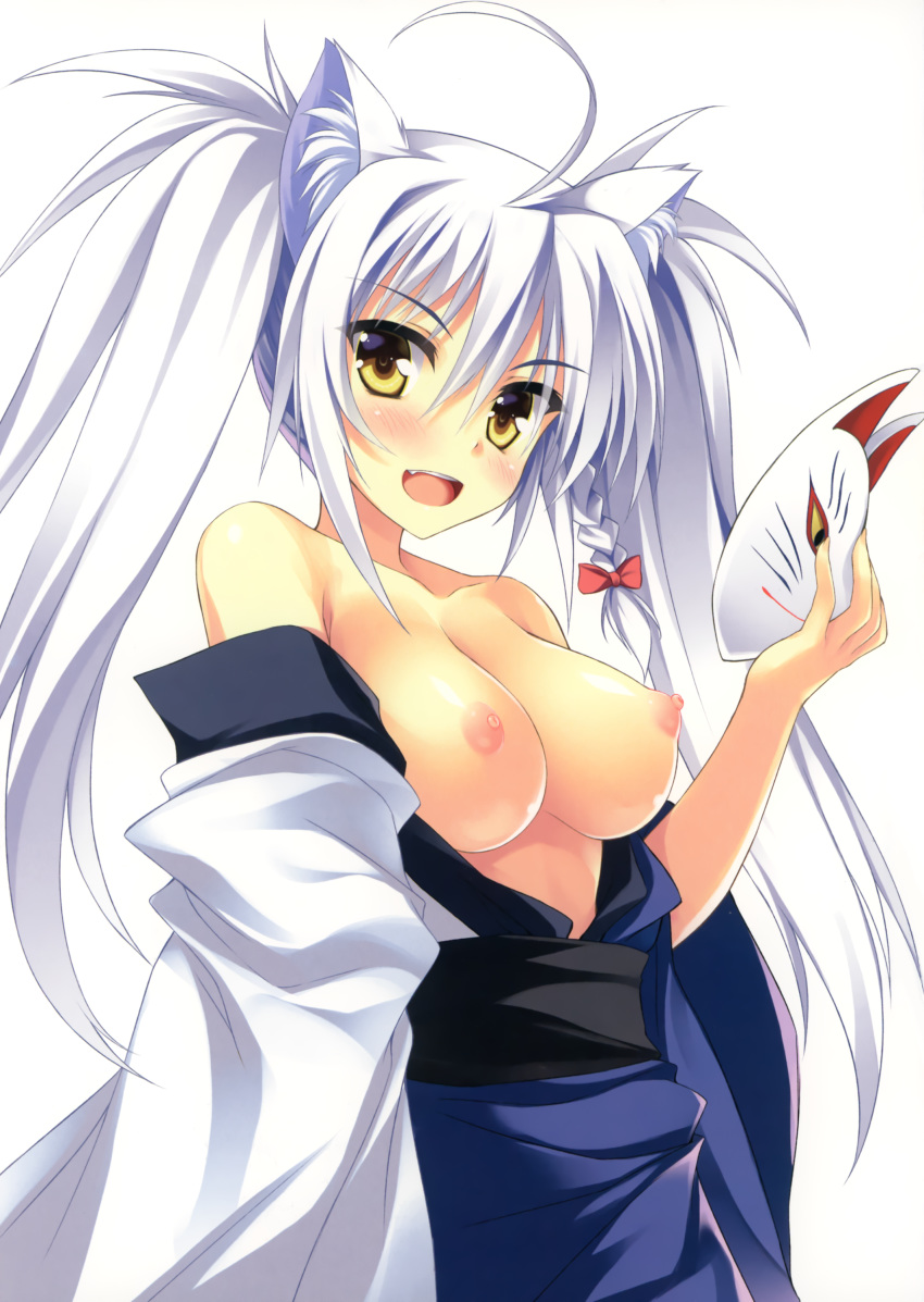 :d absurdres ahoge animal_ears breasts cat_ears dog_days female fox_mask highres japanese_clothes kimono large_breasts leonmitchelli_galette_des_rois mask nipples no_bra open_clothes open_kimono open_mouth smile solo tateha_(marvelous_grace) white_hair yellow_eyes