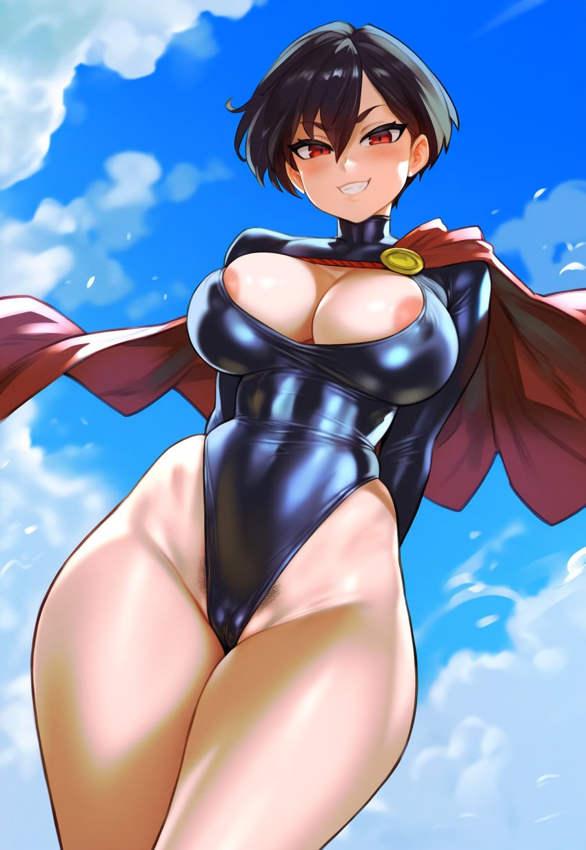 ai_generated areola_slip areolae arms_behind_back big_thighs black_hair blush cameltoe cape clouds female female_focus flying grin huge_breasts jagat_ai large_breasts leotard original original_character pubic_hair pubic_hair_peek red_eyes short_hair sky smile solo solo_female supervillain supervillainess toned toned_female wide_hips