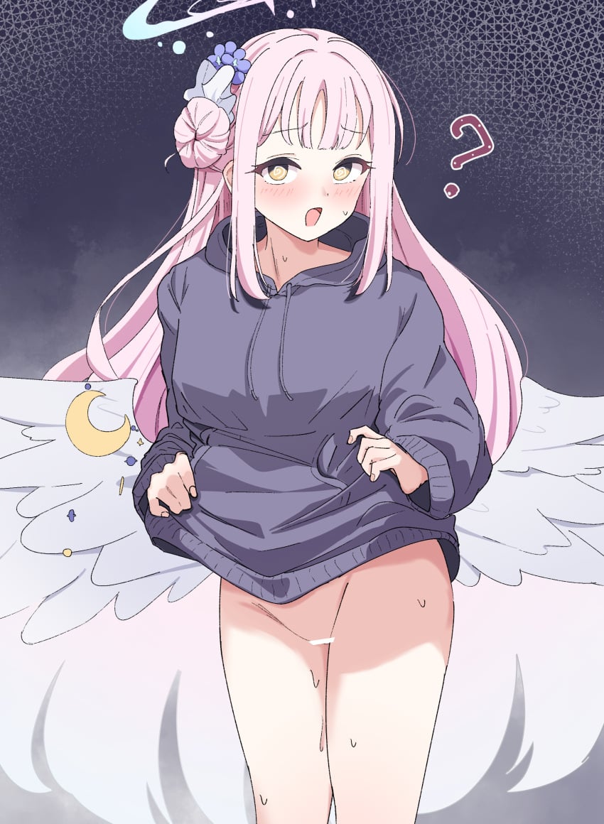 ? @_@ absurdres angel_wings bar_censor blue_archive blush bottomless breasts censored crescent feathered_wings female flower gradient_halo hair_bun hair_flower hair_ornament hair_ribbon halo highres hood hoodie large_breasts long_hair long_sleeves looking_at_viewer low_wings mika_(blue_archive) multicolored_halo naked_hoodie nayamy open_mouth pink_hair purple_background purple_flower ribbon single_side_bun sleeves_past_wrists solo sweat thighs white_ribbon white_wings wings yellow_eyes