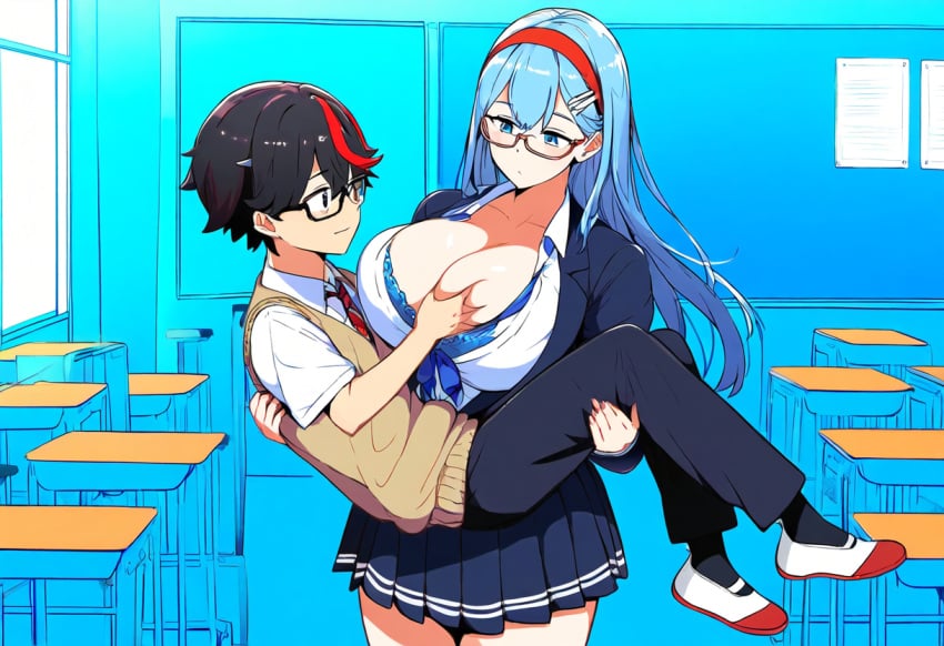 1boy ai_generated breast_grab breasts cleavage female huge_breasts large_breasts long_hair school_uniform size_difference smile